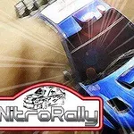 Sininen ralliauto kurvissa, jauheen pöllytessä ilmassa, ja alareunassa NitroRally-logo