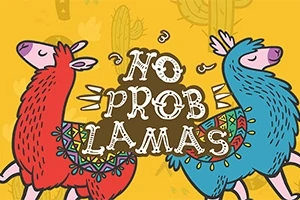 Kaksi värikästä laamaa, punainen ja sininen, seisovat iloisen keltaisella taustalla sanan No Prob Lamas ympärillä