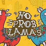 Kaksi värikästä laamaa, punainen ja sininen, seisovat iloisen keltaisella taustalla sanan No Prob Lamas ympärillä