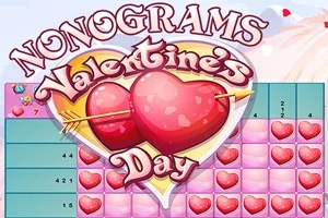 Kaksi sydäntä ristikkotaulukon keskellä ja teksti Nonograms Valentines Day