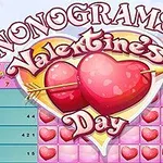 Kaksi sydäntä ristikkotaulukon keskellä ja teksti Nonograms Valentines Day