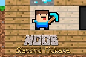 Pikselöity hahmo sinisessä paidassa pitelee timanttista hakkuuta, ja alareunassa lukee Noob Diamond Pickaxe