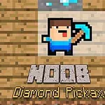 Pikselöity hahmo sinisessä paidassa pitelee timanttista hakkuuta, ja alareunassa lukee Noob Diamond Pickaxe