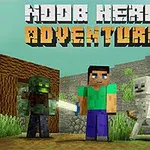 Kolme pikselöityä hahmoa seisoo ruohikossa, niiden takana näkyy kiviportaikko ja puinen kaari, ja yläpuolella on teksti NOOB HERO ADVENTURE