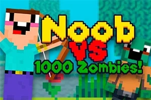 Pikselöity hahmo jousella seisoo iloisena zombien vieressä, värikkään tekstin Noob vs 1000 Zombies!