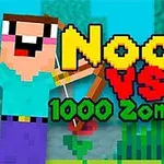 Pikselöity hahmo jousella seisoo iloisena zombien vieressä, värikkään tekstin Noob vs 1000 Zombies!