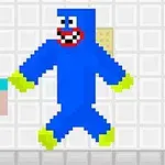 Pixeloitu hahmo seisoo suuren sinisen hirviön vieressä valkolaatoitetussa huoneessa