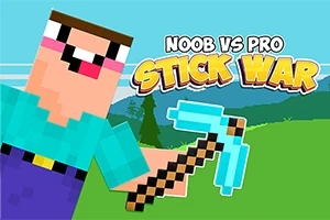Piirroshahmo, jolla on sininen hakku kädessä, seisoo taustallaan vihreitä kukkuloita ja sininen taivas, ja ylhäällä on teksti Noob vs Pro Stick War