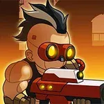 Piirroshahmo, jolla on piikikäs mohawk-kampaus, puna-oranssit suojalasit ja iso ase, taustalla tehdasmainen maisema