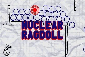 Crayonilla piirretty paperitausta, jossa on sinisiä ympyröitä, punainen kohde ja teksti NUCLEAR RAGDOLL