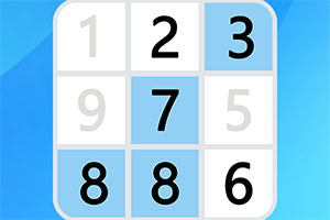 Sinisellä taustalla oleva 3x3 numeroruudukko, jossa valkoisissa ja vaaleansinisissä ruuduissa on numerot 1, 2, 3, 9, 7, 5, 8, 8 ja 6