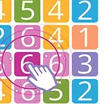 Värikkäitä, numeroin varustettuja laattoja ruudukossa, jossa osoitin osoittaa numeroa kuusi