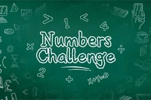 Vihreä liitutaulu, jossa on teksti Numbers Challenge ja ympärillä matematiikkasymboleja ja piirroksia