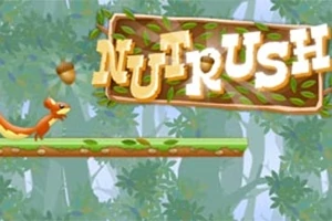 Orava hyppää alustalle metsäisessä ympäristössä, ja yläpuolella on teksti NUT RUSH
