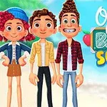 Kolme piirrettyä hahmoa seisoo aurinkoisella taustalla, jossa on merimaisema ja Ocean Kids Back to School -teksti