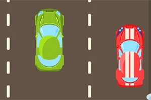 Kaksi värikästä autoa, vihreä ja punainen, kilpailevat rinnakkain tiellä