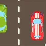 Kaksi värikästä autoa, vihreä ja punainen, kilpailevat rinnakkain tiellä