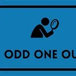 Sinisellä taustalla oleva logo, jossa on suurennuslasia pitelevä hahmo ja teksti ODD ONE OUT
