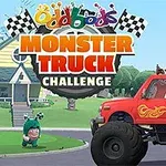 Punainen monsteriauto, jonka lavalla on värikkäisiin pukuin pukeutunutta hahmoja, taustalla talo ja kyltti