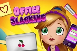 Piirroshahmo toimistotarvikkeiden keskellä keltaisella taustalla, teksti Office Slacking yläosassa