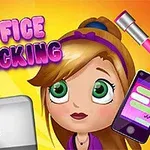 Piirroshahmo toimistotarvikkeiden keskellä keltaisella taustalla, teksti Office Slacking yläosassa