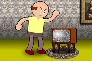 Vihaiselta näyttävä sarjakuvahahmo seisoo vanhanaikaisen television edessä harmaasävyisessä huoneessa