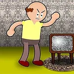 Vihaiselta näyttävä sarjakuvahahmo seisoo vanhanaikaisen television edessä harmaasävyisessä huoneessa