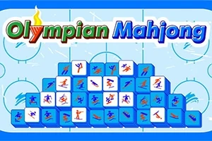 Olympialajiaiheinen Mahjong-lautapeli sinisellä pohjalla jääkiekkokentän kuvioinnilla