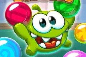 Vihreä piirretty hahmo, jolla on suuret silmät ja hampaat, pitää värikkäitä palloja käsissään