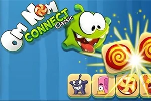 Vihreä hahmo, jolla on suuret silmät ja punainen suu, kurkottaa kohti pyöreitä makeisia, joiden ympärillä on tähtimäinen valoefekti, ja yläpuolella on teksti Om Nom Connect Classic
