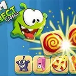 Vihreä hahmo, jolla on suuret silmät ja punainen suu, kurkottaa kohti pyöreitä makeisia, joiden ympärillä on tähtimäinen valoefekti, ja yläpuolella on teksti Om Nom Connect Classic