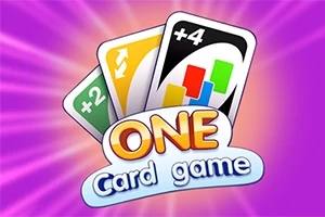 Kolme värikästä pelikorttia ja teksti ONE Card game violettia säteilevää taustaa vasten
