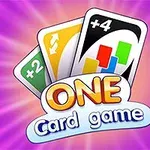 Kolme värikästä pelikorttia ja teksti ONE Card game violettia säteilevää taustaa vasten