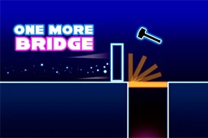 Sinisellä taustalla on valkoisia ja violetteja valonsäteitä, teksti ONE MORE BRIDGE ja sininen ääriviivainen vasara