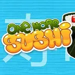 Kaksi sushi-rullaa, värikkäät kirjaimet ja sininen tausta