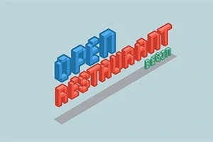 Isometrinen teksti OPEN RESTAURANT BEGIN sinisellä, punaisella ja vihreällä vaaleansinisellä taustalla