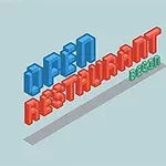 Isometrinen teksti OPEN RESTAURANT BEGIN sinisellä, punaisella ja vihreällä vaaleansinisellä taustalla