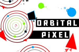 Abstrakti kuva, jossa on punaisia ja sinisiä geometrisia muotoja ja teksti Orbital Pixel