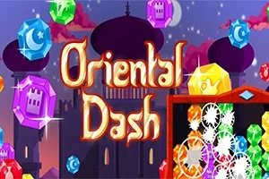 Tekstillä Oriental Dash oleva kuva, jossa on taustalla siluetti itämaisesta rakennuksesta ja edustalla kirkkaita jalokiviä