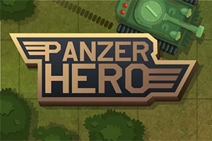 Panzer Hero -teksti hiekanvärisessä laatikossa, taustalla vihreä tankki ja metsää