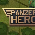 Panzer Hero -teksti hiekanvärisessä laatikossa, taustalla vihreä tankki ja metsää