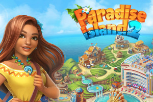 Paradise Island 2 Nuori nainen seisoo hymyillen paratiisisaarella, jossa on vÀrikkÀitÀ rakennuksia ja kirkasta vettÀ