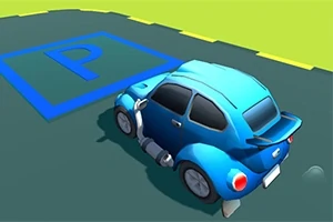 Sininen auto pysäköitynä parkkiruudulle, jossa on sininen P-kirjain