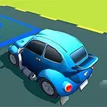 Sininen auto pysäköitynä parkkiruudulle, jossa on sininen P-kirjain