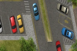 Pysäköintialue ylhäältä kuvattuna, jossa on useita värikkäitä autoja pysäköityinä eri suuntiin ja viheralueita reunustamassa
