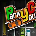 Parkkeerattuja autoja pysäköintialueella, joissa vasemmassa yläkulmassa on teksti Park Your Car