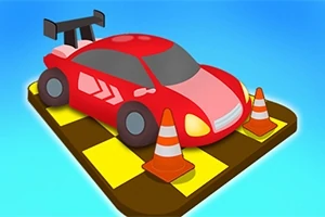 Punainen kilpa-auto musta-keltaisella alustalla, jota ympäröivät liikennekartioita sinisellä taustalla