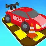 Punainen kilpa-auto musta-keltaisella alustalla, jota ympäröivät liikennekartioita sinisellä taustalla