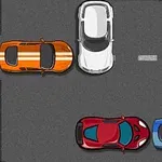 Näkymä viidestä pysäköidystä autosta erilaisissa väreissä parkkipaikalla ylhäältä päin katsottuna