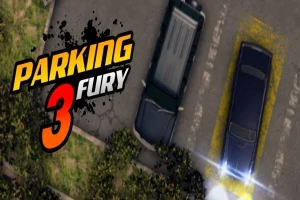 Kaksi autoa pysäköitynä vierekkäin asfaltoidulla pysäköintialueella, jossa etualalla on pensasaita ja vasemmassa yläkulmassa värikäs teksti Parking Fury 3